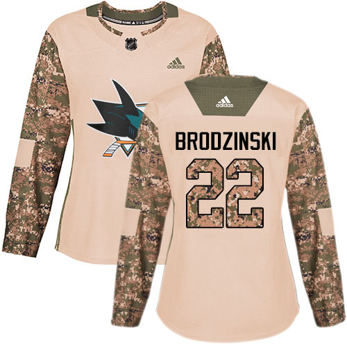 Adidas Sharks #22 Jonny Brodzinski Camo Authentic 2017 Veterans Day Women's Stitched NHL Jersey